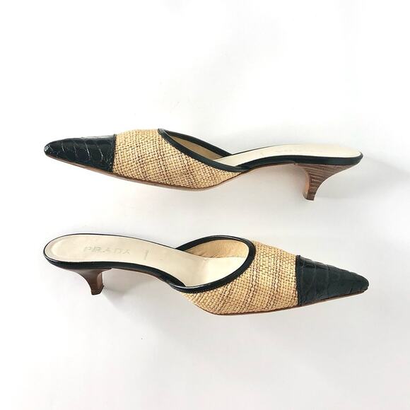 Prada Y2K Vintage Raffia Cap Toe Croc Emboss Kitten Heel Pointed Toe Mules 38.5 - Picture 6 of 13